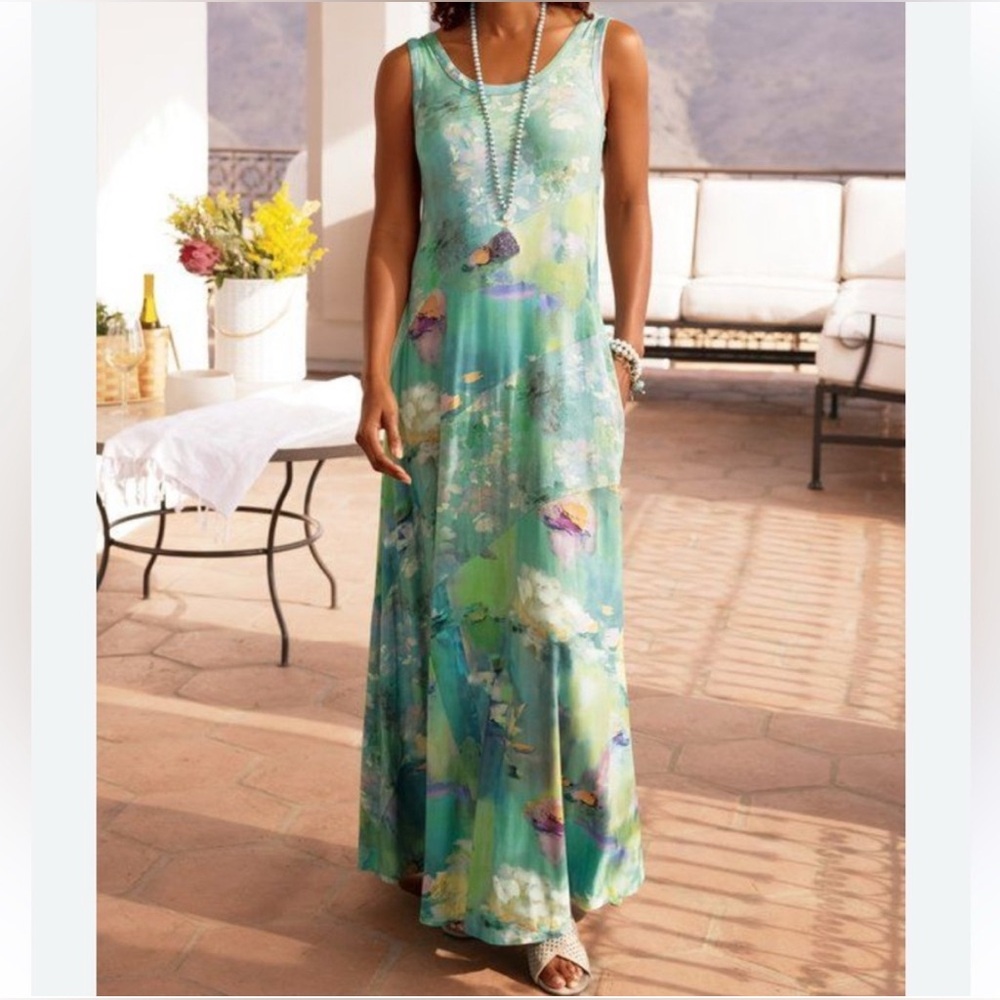❌SOFT SURROUNDINGS Sleeveless Santiago Maxi Dress Watercolor Style Print, Medium - Picture 1 of 12